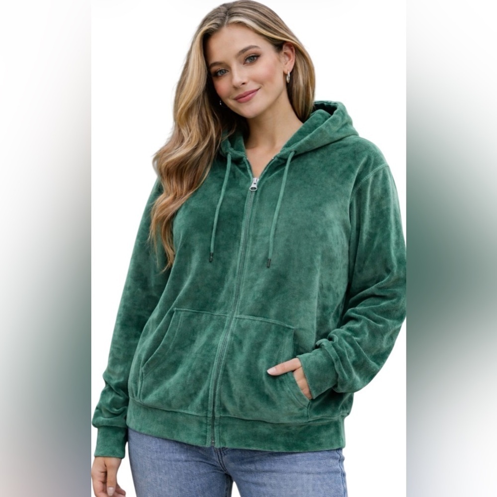 Victoria’s Secret Emerald Green Velour Zip Hoodie XL Plush Velvet Y2K Lounge - Picture 2 of 13